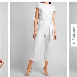 Express White Lace Short sleeve Stretch Knit Belted Bridal Jumpsuit